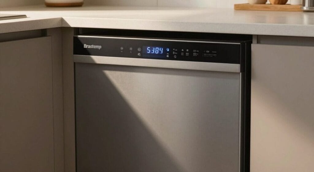 Uma lava-louças Brastemp BLF08BS cor cinza em aço inox escovado, instalada em uma bancada de cozinha moderna e compacta, luz quente suave destacando o painel touch digital.