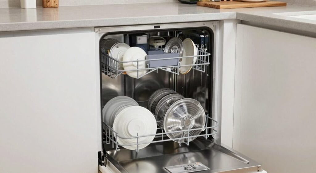 Uma lava-louças Brastemp de 8 serviços na cor branca, instalada em uma bancada de cozinha moderna e compacta, iluminação clara e ambiente organizado, estilo fotográfico realista e nítido.