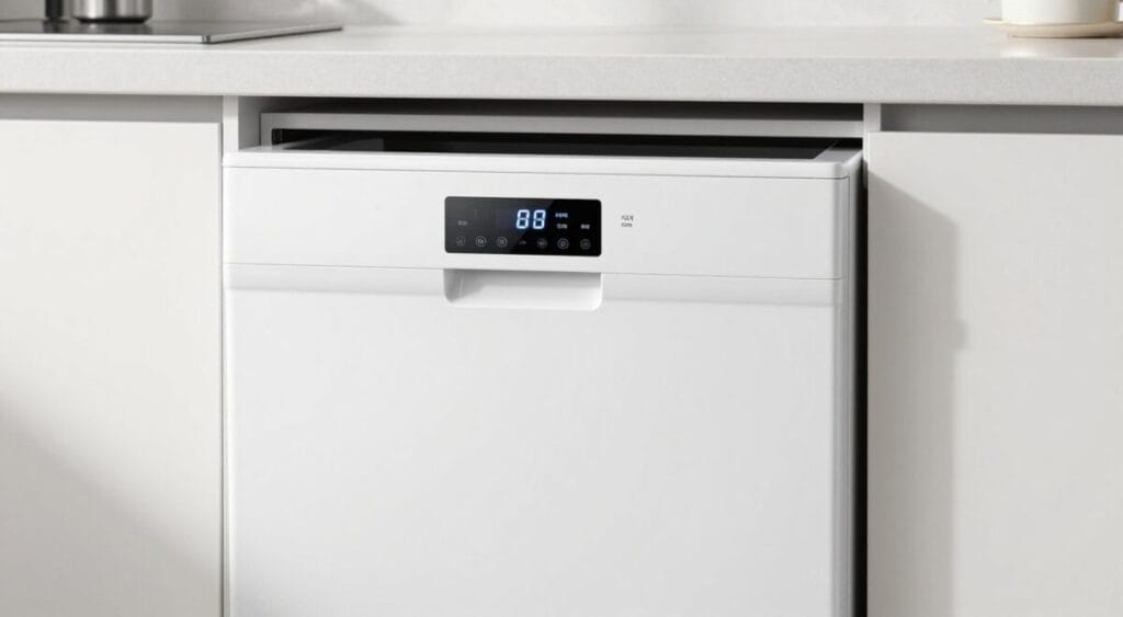 Uma lava-louças HQ Digital HQ-LL8DB2 branca de 8 serviços instalada em uma cozinha de apartamento moderna e compacta, destacando seu painel digital frontal, iluminação suave e design minimalista, estilo fotorealista.
