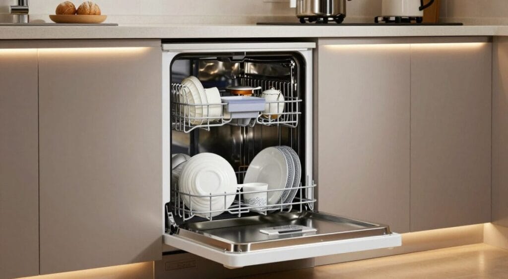 Uma lava-louças Midea DWA08B2 branca instalada em uma cozinha compacta e moderna, com acabamento em aço inoxidável aparecendo discretamente, iluminação quente de LED sob os armários e pratos limpos e brilhantes sendo organizados, estilo fotográfico realista.