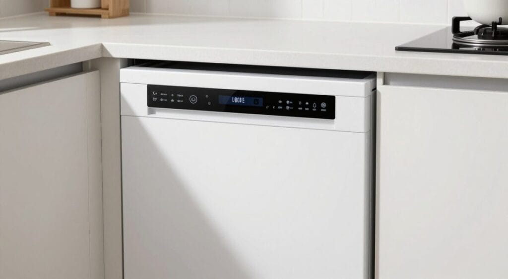 Uma lava-louças compacta Electrolux LB08E branca instalada em uma bancada de cozinha moderna e pequena, iluminação clara, estilo minimalista, alta resolução, fotorrealista.