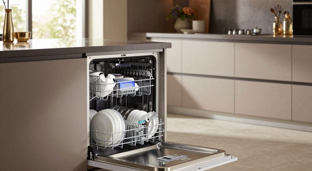 A modern kitchen scene featuring the Brastemp Inox dishwasher with advanced washing technology. In the foreground, the sleek dishwasher is open, showcasing clean, sparkling dishes and cutlery inside, with visible high-tech features like a smart sensor. The middle ground includes a polished countertop, reflecting the sophisticated design of modern kitchen appliances. Soft, natural lighting filters through a nearby window, casting a warm glow on the stainless steel finish. In the background, an elegant kitchen environment is complete with stylish cabinetry and decorative elements, creating an atmosphere of contemporary luxury. The overall mood is one of efficiency, cleanliness, and advanced technology in home appliance design.