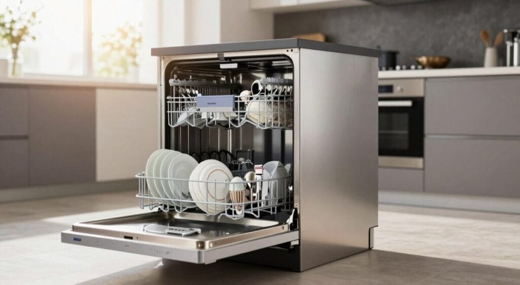 Uma elegante máquina de lavar louça Brastemp em aço inoxidável, modelo BLF61AR, é o ponto focal da imagem, posicionada com destaque em uma cozinha moderna. Em primeiro plano, louças polidas estão cuidadosamente empilhadas ao lado da máquina, demonstrando seu desempenho eficiente. Ao centro, a máquina de lavar louça aberta revela um interior organizado, repleto de pratos e utensílios impecavelmente limpos, um testemunho visual de sua eficiência. O fundo retrata um design de cozinha moderno e elegante, com luz natural abundante filtrada por uma grande janela, criando um brilho aconchegante. Um sutil efeito de lente adiciona um toque de realismo. A atmosfera é convidativa e profissional, evocando uma sensação de inovação e confiabilidade, perfeita para ilustrar desempenho e experiência do usuário.