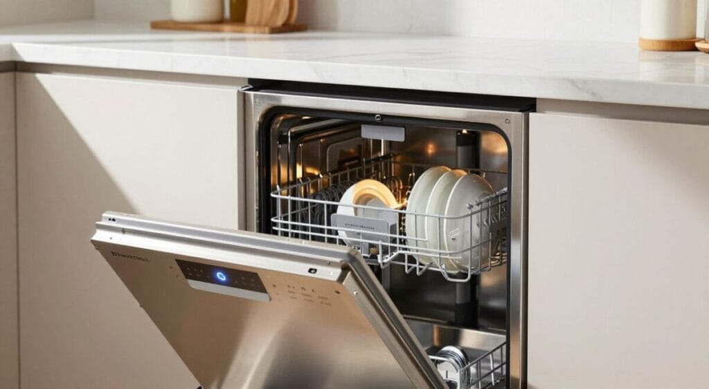 A sleek, modern Brastemp Inox dishwasher with the model number BLF61AR prominently displayed in a bright kitchen setting. The foreground features the dishwasher door slightly ajar, revealing a clean, organized interior with sparkling dishes gleaming under soft LED lights. In the middle, the polished stainless-steel surface reflects warm kitchen hues, while the user-friendly control panel is illuminated for clarity. The background includes light-colored cabinetry and a marble countertop, enhancing the contemporary feel. Natural light streams through a nearby window, casting gentle shadows and creating an inviting atmosphere. The overall mood is clean, efficient, and stylish, perfect for a home focused on modern convenience.
